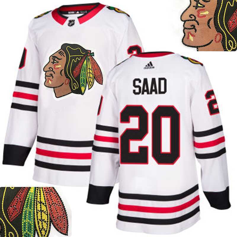 Blackhawks #20 Saad White With Special Glittery Logo Adidas Jersey